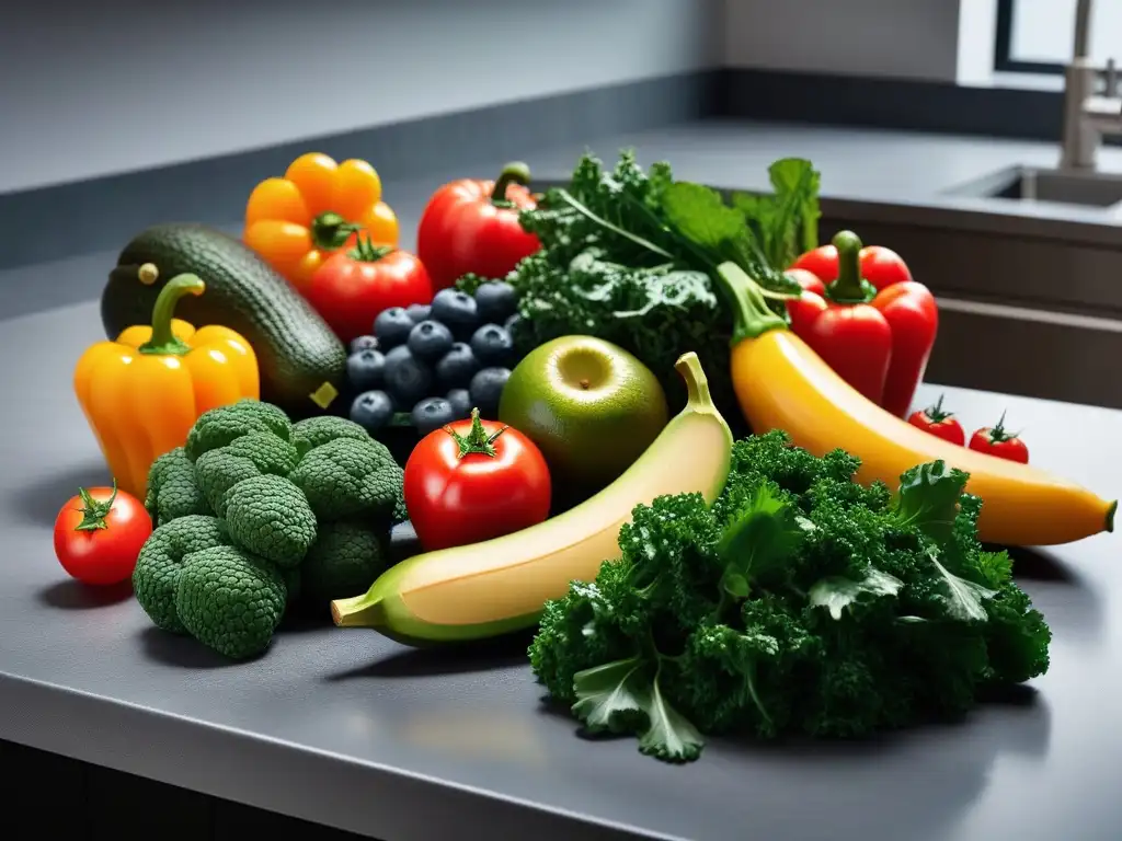 Una exquisita variedad de frutas y verduras frescas, brillantes y coloridas en una cocina moderna