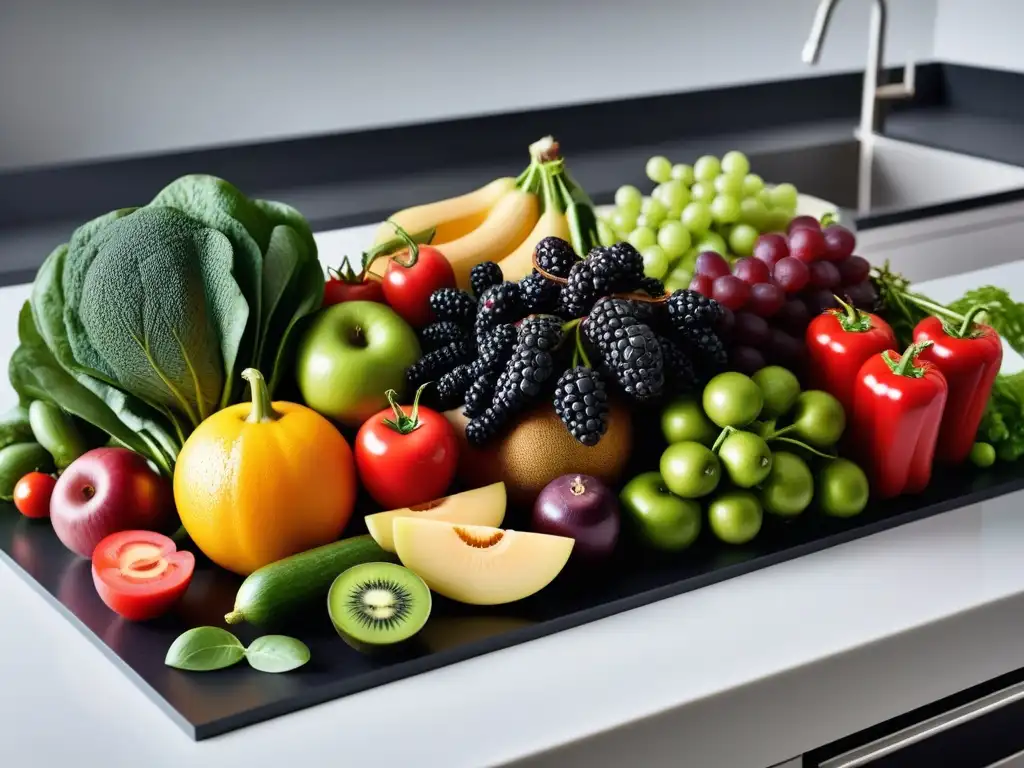 Una exquisita variedad de frutas y verduras orgánicas recién cosechadas, mostrando la calidad de los suplementos veganos de alta calidad