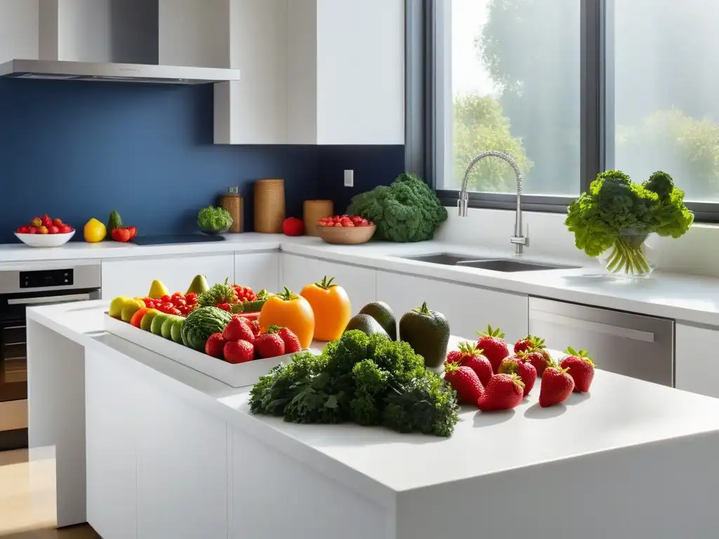 Una exquisita variedad de frutas y verduras frescas organizadas en una cocina moderna