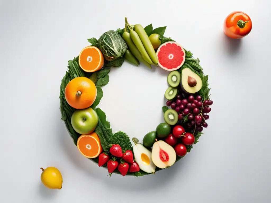 Una exquisita variedad de frutas y verduras en un diseño circular sobre una encimera blanca moderna