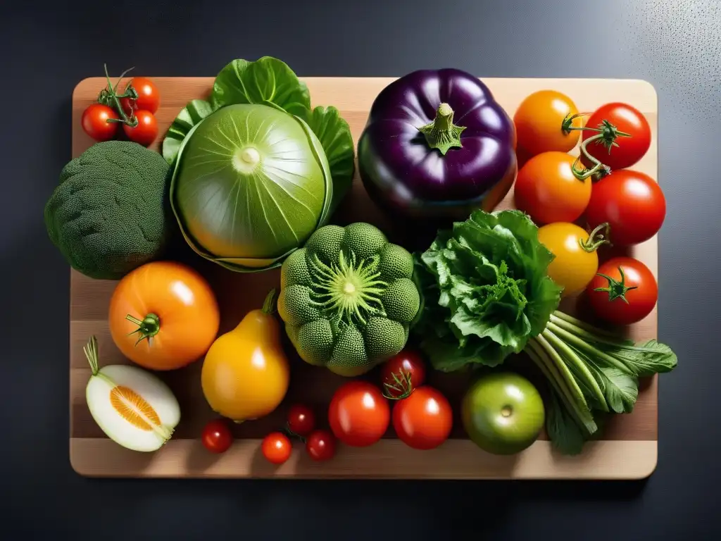 Una exquisita variedad de frutas y verduras orgánicas frescas en tabla de madera