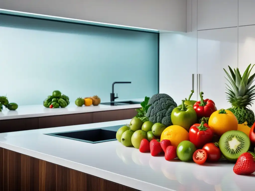 Una exquisita variedad de frutas y verduras frescas y coloridas, perfectamente dispuestas en una elegante encimera de cocina moderna
