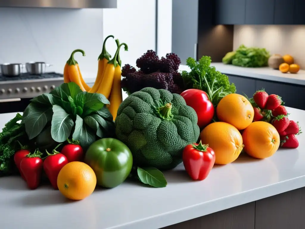 Una exquisita variedad de frutas y verduras frescas, coloridas y vibrantes en una cocina moderna