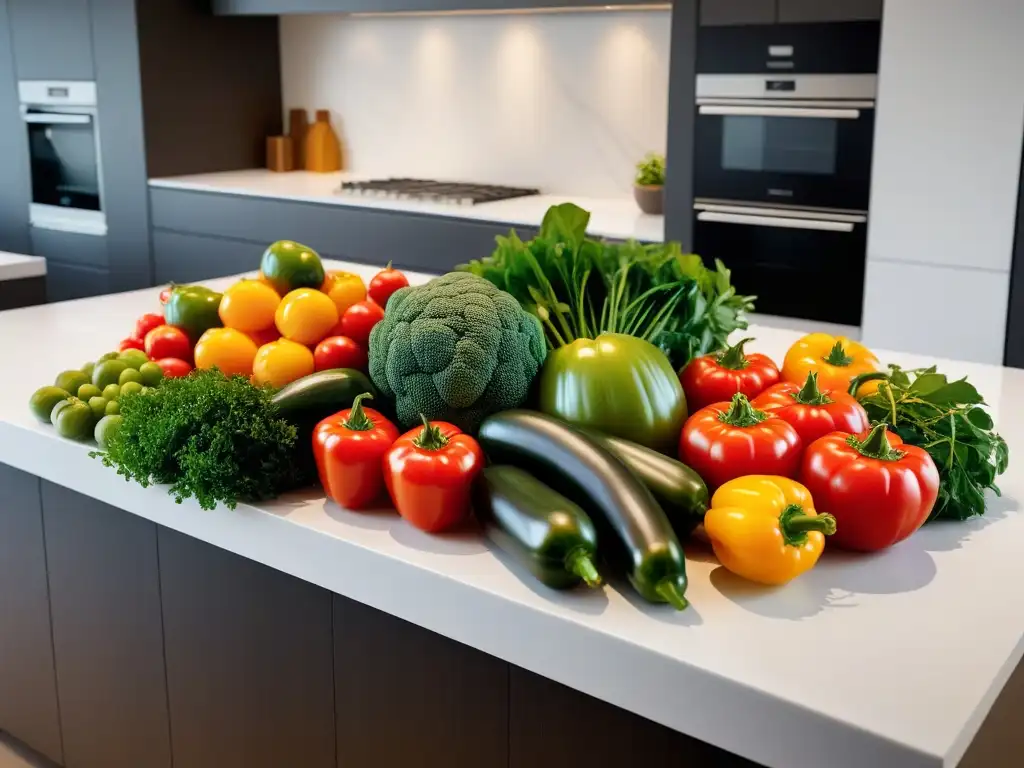 Una exquisita variedad de frutas y verduras coloridas en una cocina moderna