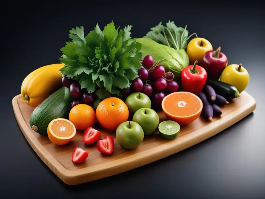 Una exquisita variedad de frutas y verduras coloridas en un tablero de corte moderno, destacando técnicas de maceración para veganos