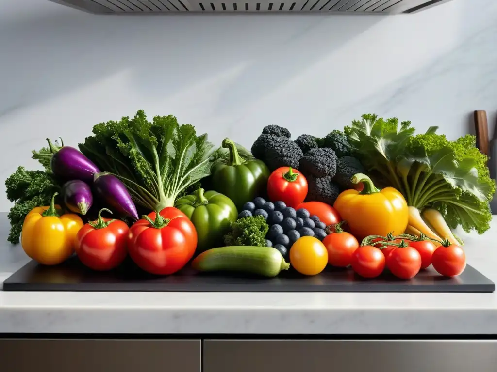 Una exquisita variedad de frutas y verduras vibrantes y coloridas en una cocina moderna