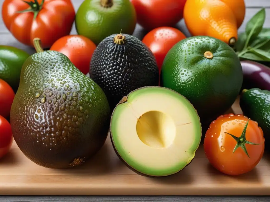 Una exquisita variedad de frutas y verduras frescas en una tabla de cortar de madera