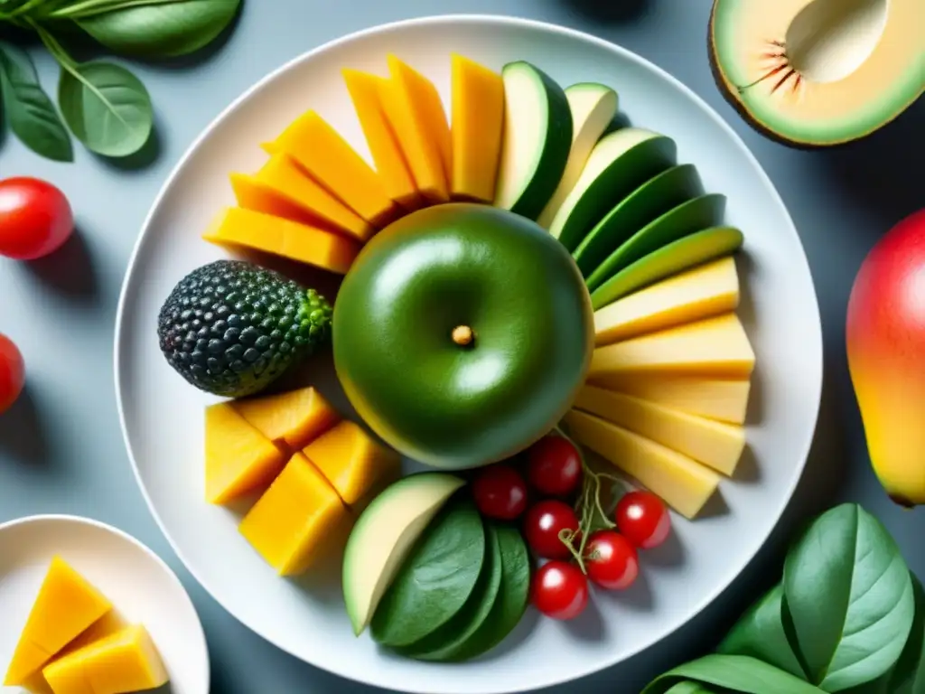 Exquisita variedad de frutas y verduras coloridas en un plato blanco, destacando enzimas digestivas veganismo absorción nutrientes