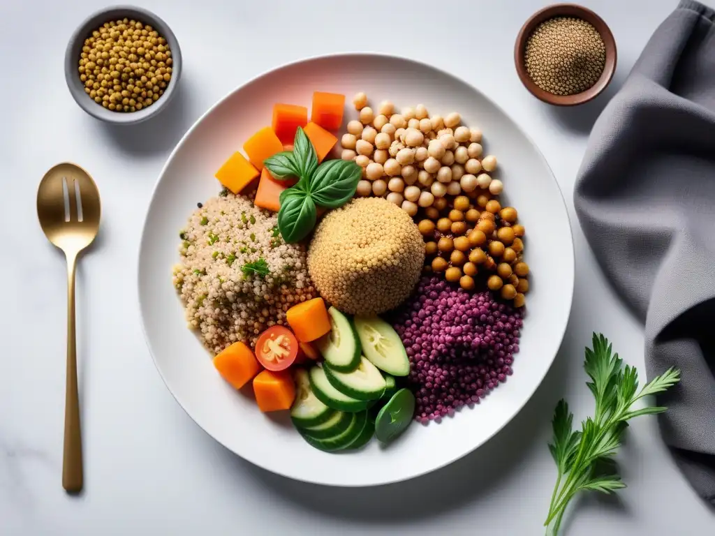 Una exquisita variedad de fuentes de proteínas veganas en un plato blanco moderno