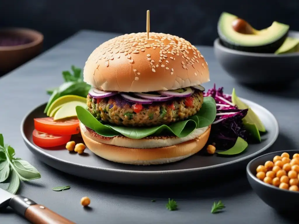 Una exquisita variedad de hamburguesas veganas caseras en una presentación moderna y colorida