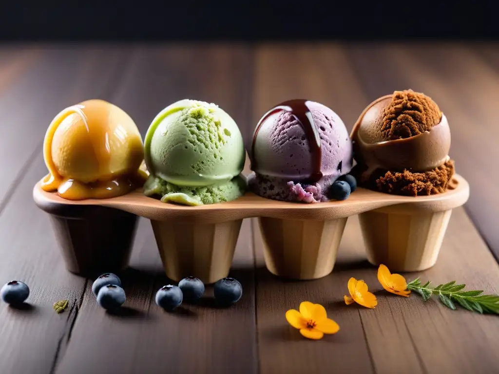 Exquisita variedad de helados veganos artesanales sabores, con detalles y texturas únicas en presentación elegante