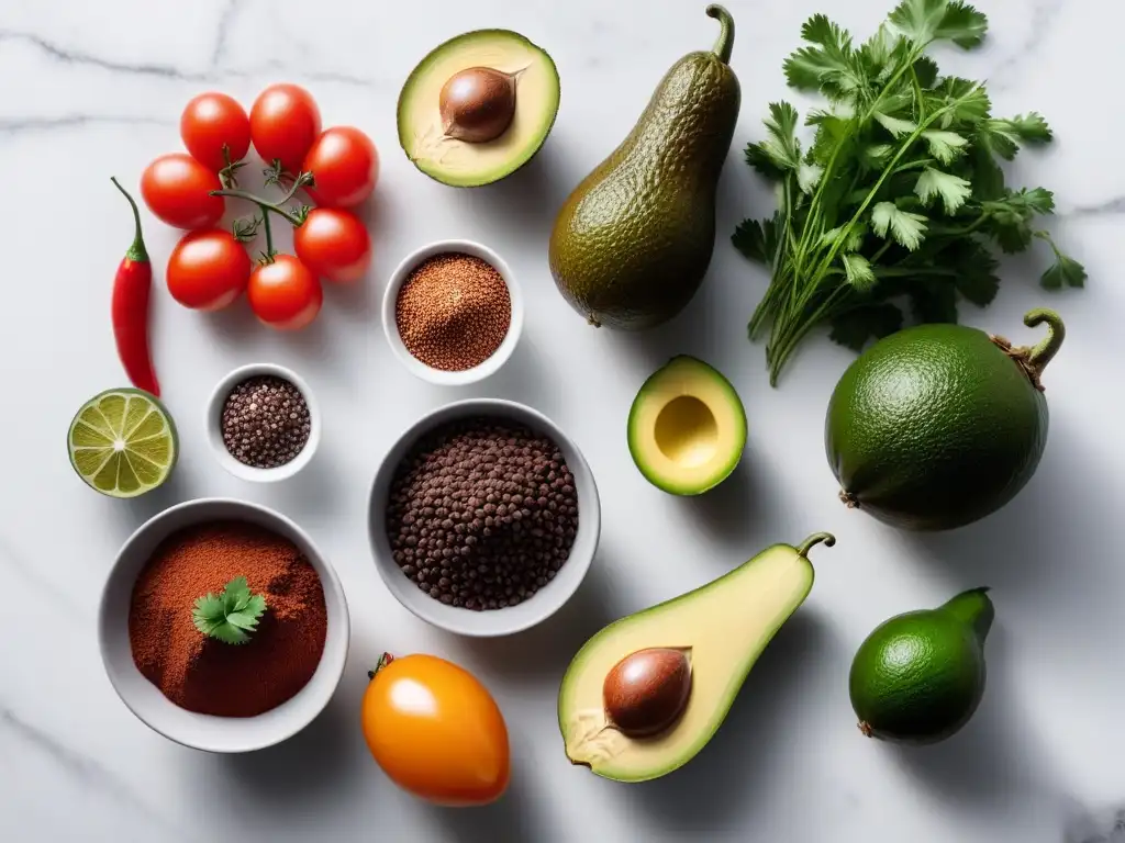 Una exquisita variedad de ingredientes frescos y coloridos para recetas veganas de mole mexicano, sobre una elegante encimera de mármol blanco
