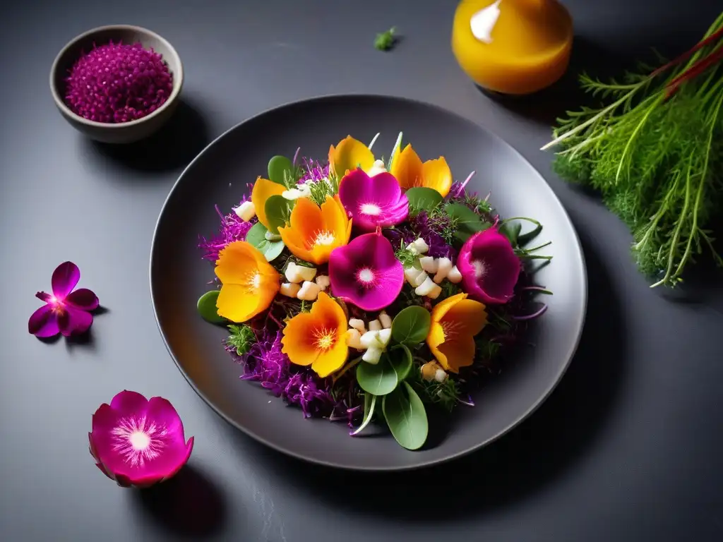 Una exquisita variedad de ingredientes innovadores para ensaladas veganas, con colores vibrantes y frescura