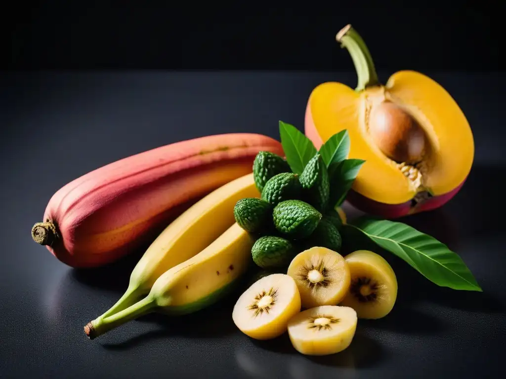 Una exquisita variedad de ingredientes subestimados en la cocina caribeña vegana, brillantes y coloridos sobre un elegante mostrador de granito negro