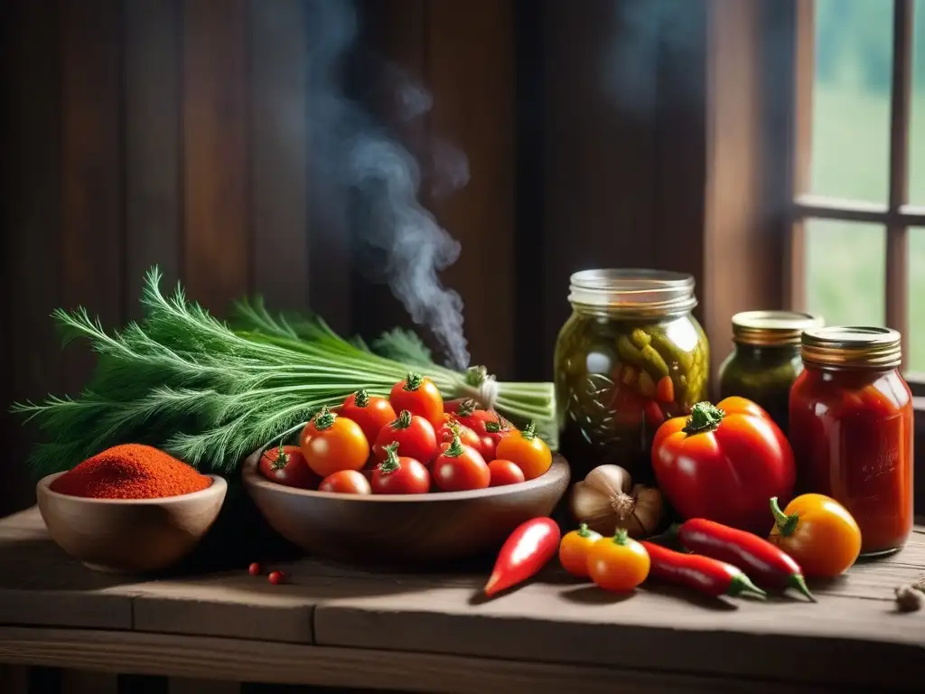 Una exquisita variedad de ingredientes veganos rumanos en una mesa rústica, iluminados por el sol