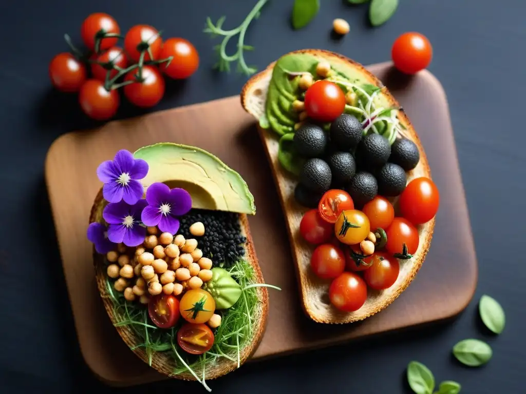 Una exquisita variedad de ingredientes veganos coloridos y frescos sobre tostadas creativas en tabla de madera rústica