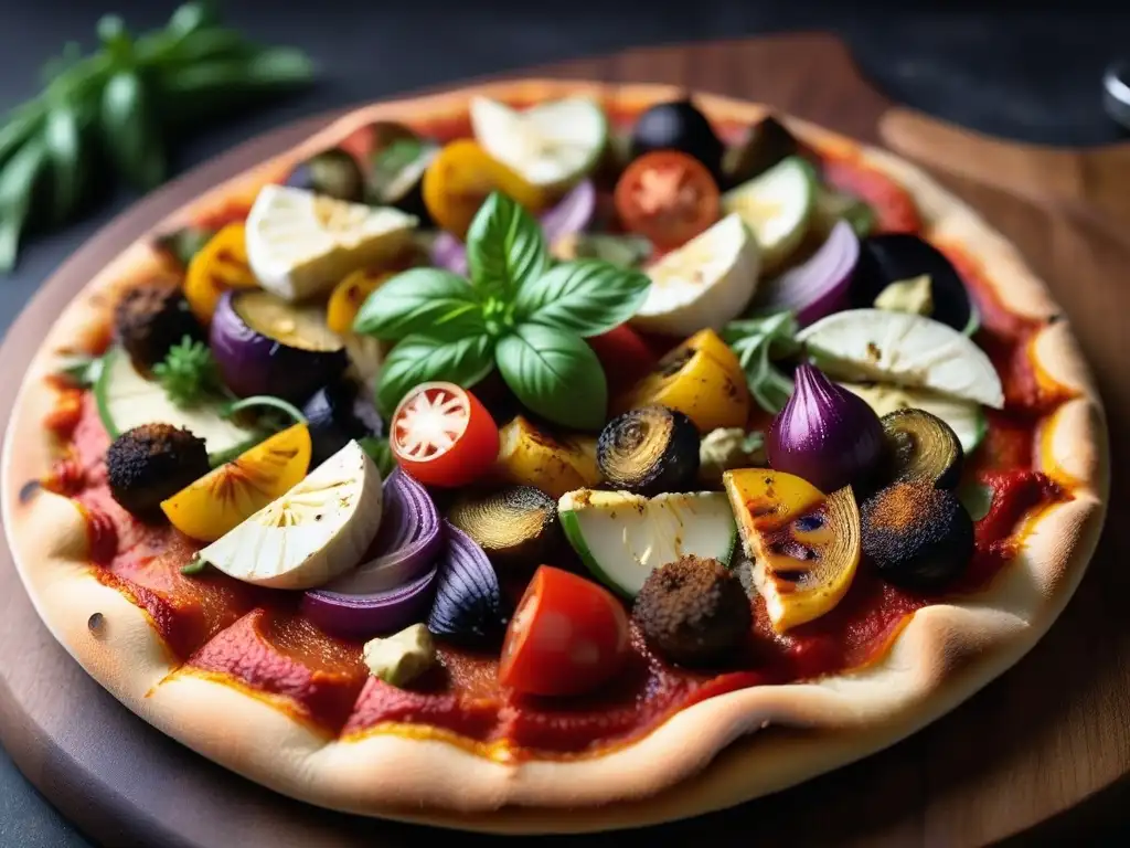 Una exquisita variedad de ingredientes veganos gourmet para pizza sobre tabla de madera rústica