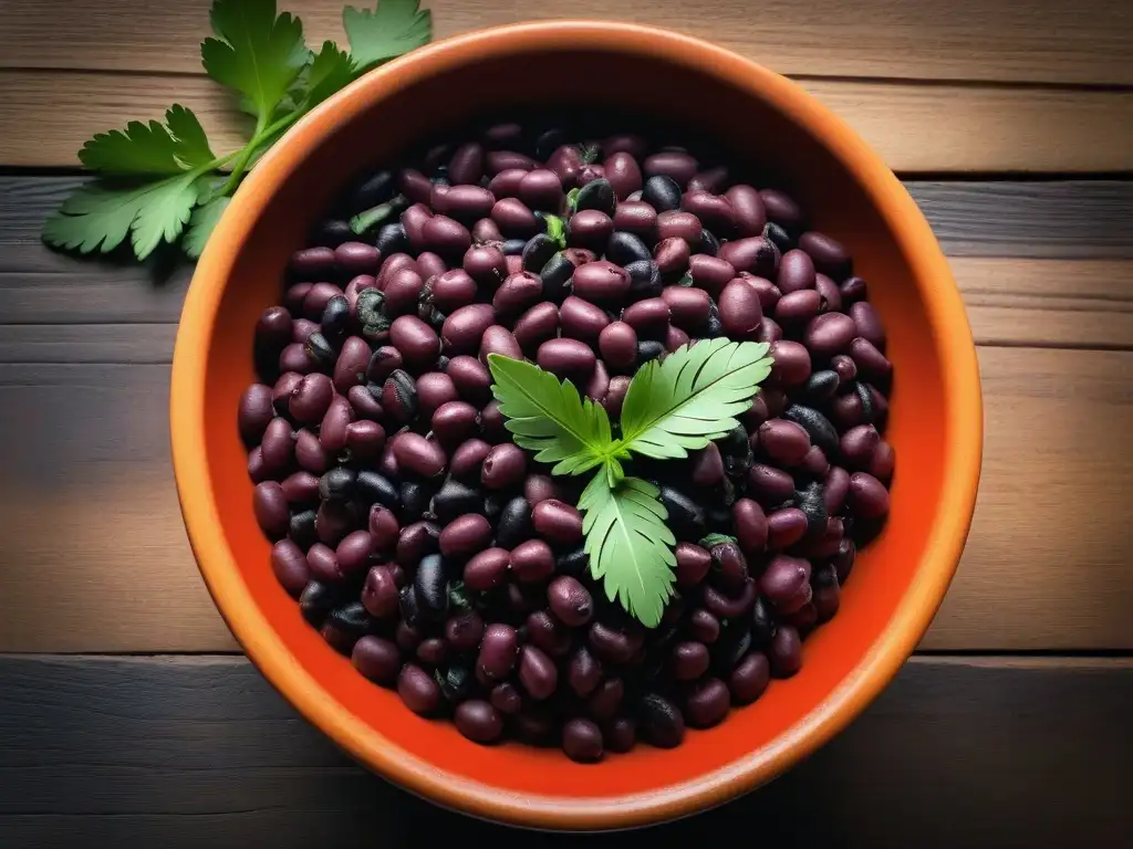 Delicioso festival vegano de frijoles cocidos en bowl vibrante Una exquisita variedad de legumbres cocidas en un bol colorido, con cilantro fresco y pimentón ahumado, sobre una mesa rústica