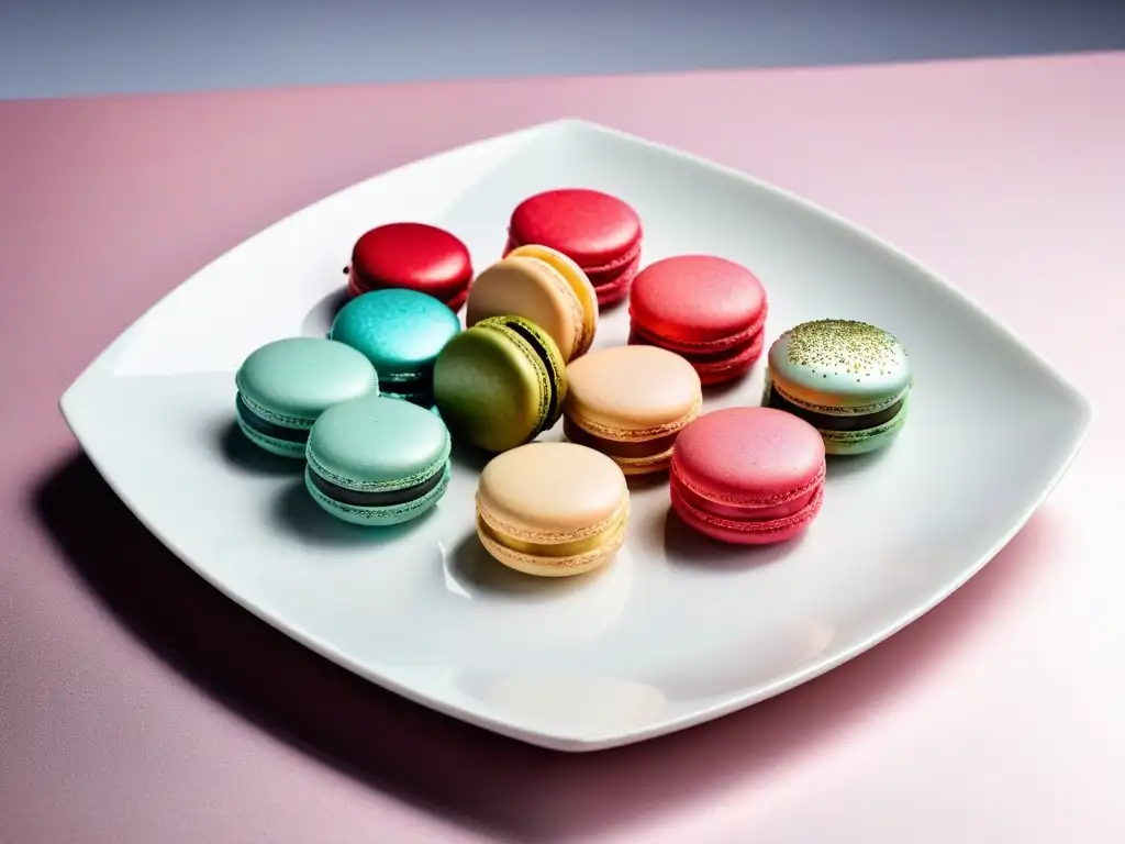 Exquisita variedad de macarons veganos sin huevo en plato blanco, decorados con brillo comestible, bayas y menta fresca