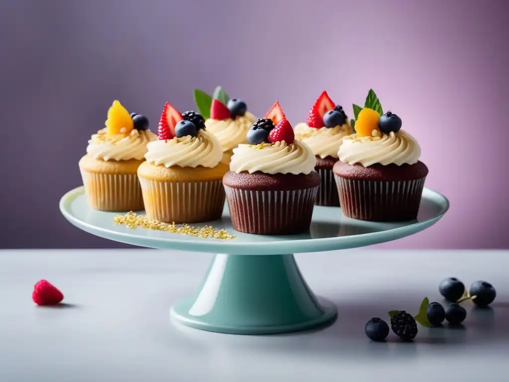 Una exquisita variedad de pasteles y cupcakes veganos decorados con crema y glaseado sin lácteos, frutas frescas y flores comestibles