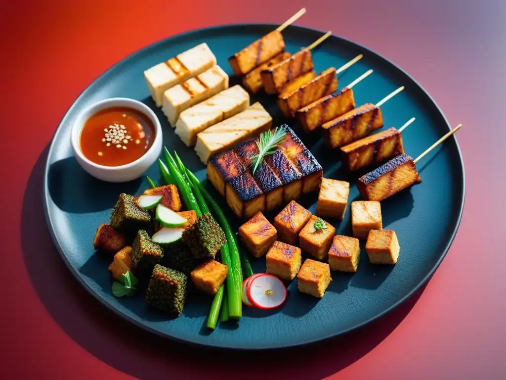 Una exquisita variedad de platillos de tofu y tempeh, resaltando los beneficios de proteínas de soya en una presentación moderna y colorida