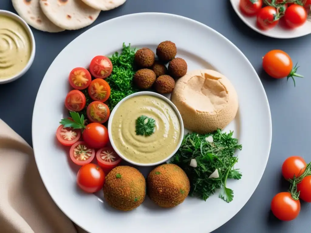 Delicias veganas de Oriente Medio: falafel, hummus, tabbouleh y más Una exquisita variedad de platillos veganos mediorientales, como falafel, hummus, tabbouleh y verduras encurtidas