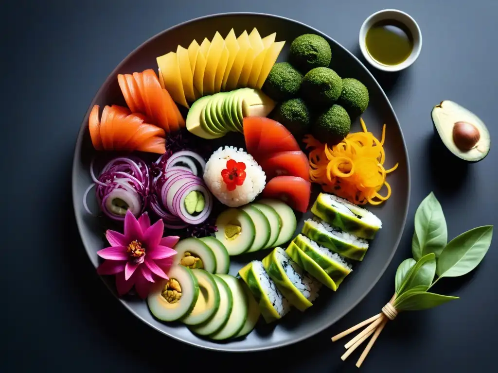 Exquisita variedad de platos veganos crudos internacionales innovadores con sushi, noodles y frutas exóticas, presentados de forma vibrante y colorida