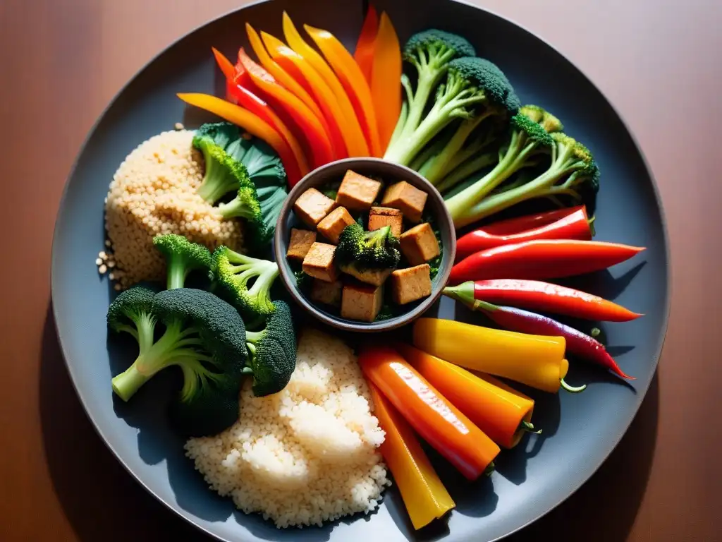 Una exquisita variedad de platos veganos al vapor con vegetales vibrantes, quinoa esponjosa y tofu sazonado