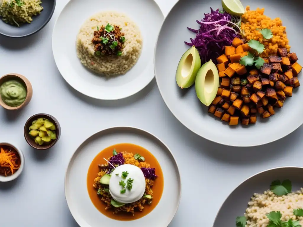 Una exquisita variedad de platos veganos cocinados a baja temperatura en presentación moderna y vibrante