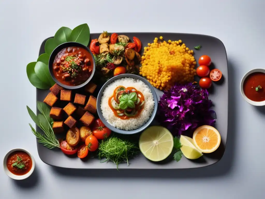 Una exquisita variedad de platos veganos internacionales en una mesa elegante