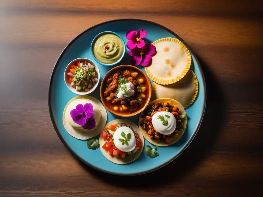 Una exquisita variedad de platos veganos latinoamericanos, coloridos y artísticamente presentados en una mesa de madera