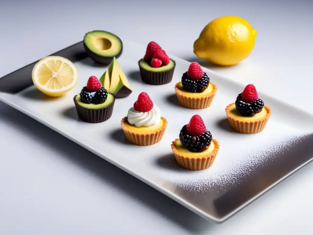 Una exquisita variedad de postres veganos frescos y coloridos en plato blanco elegante