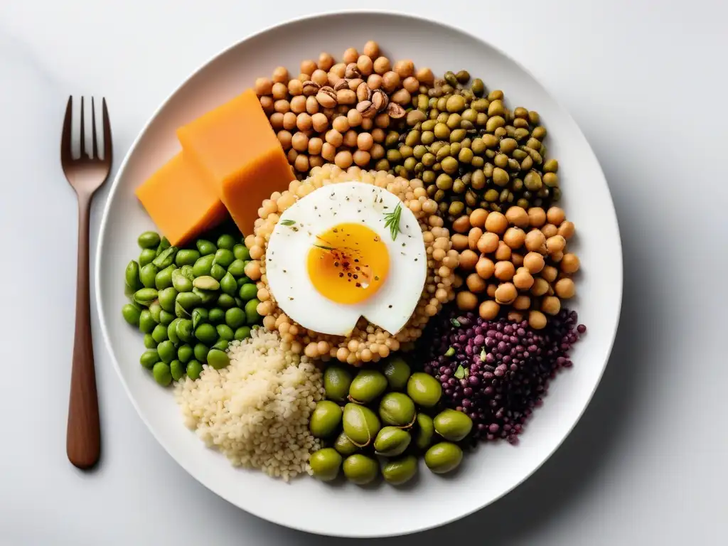 Una exquisita variedad de proteínas vegetales revolucionarias veganas, elegantemente dispuestas en una bandeja blanca moderna