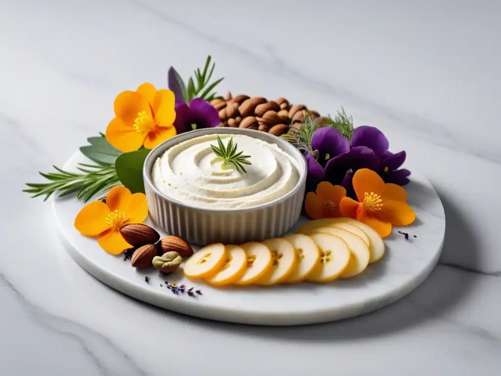 Exquisita variedad de queso crema vegano en elegante tabla de mármol, con hierbas frescas y nueces