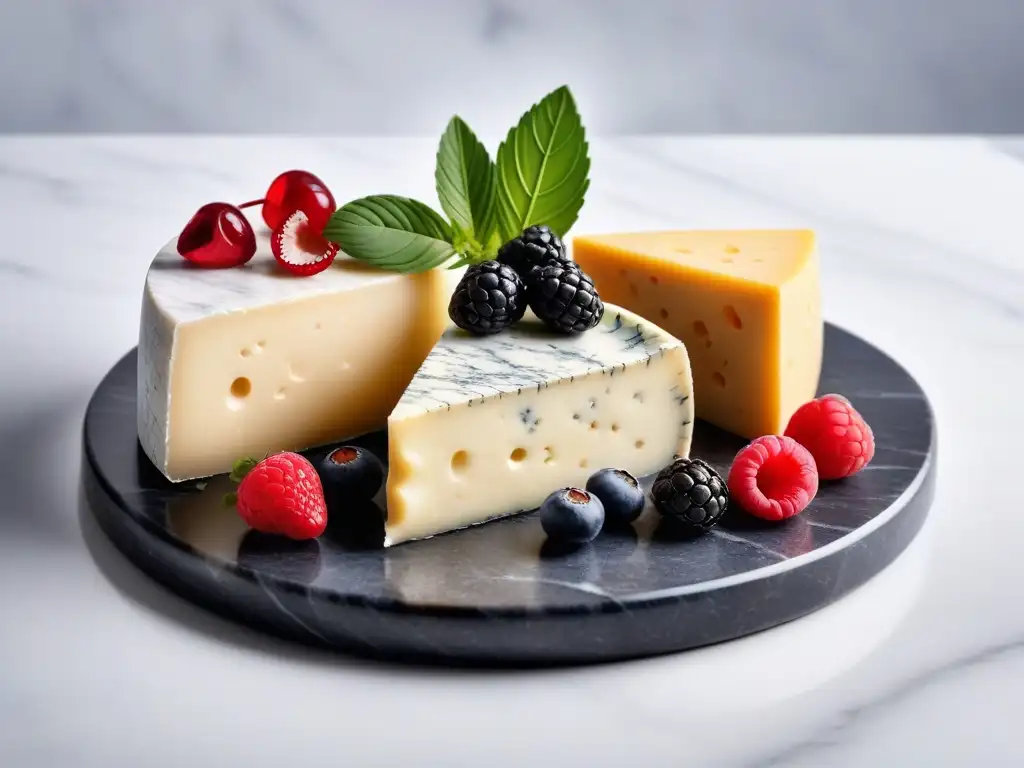 Una exquisita variedad de quesos veganos fermentados sin lácteos, con decoraciones naturales sobre tabla de mármol elegante