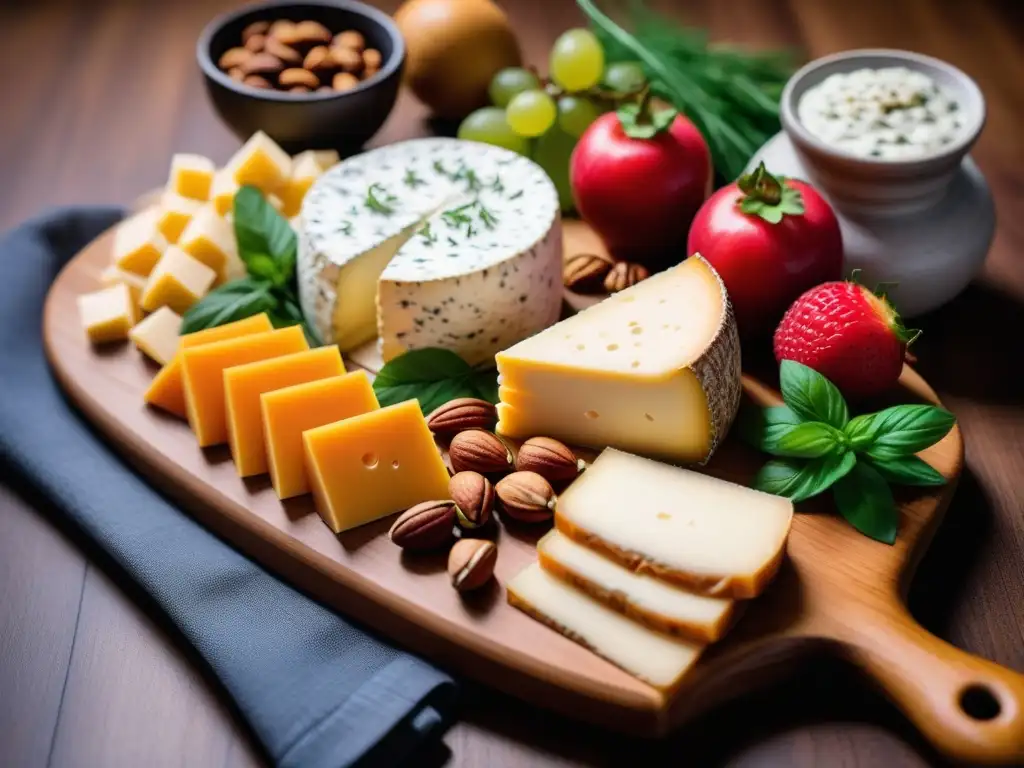 Una exquisita variedad de quesos veganos fermentados sin lácteos, con texturas y colores vibrantes en tabla de madera