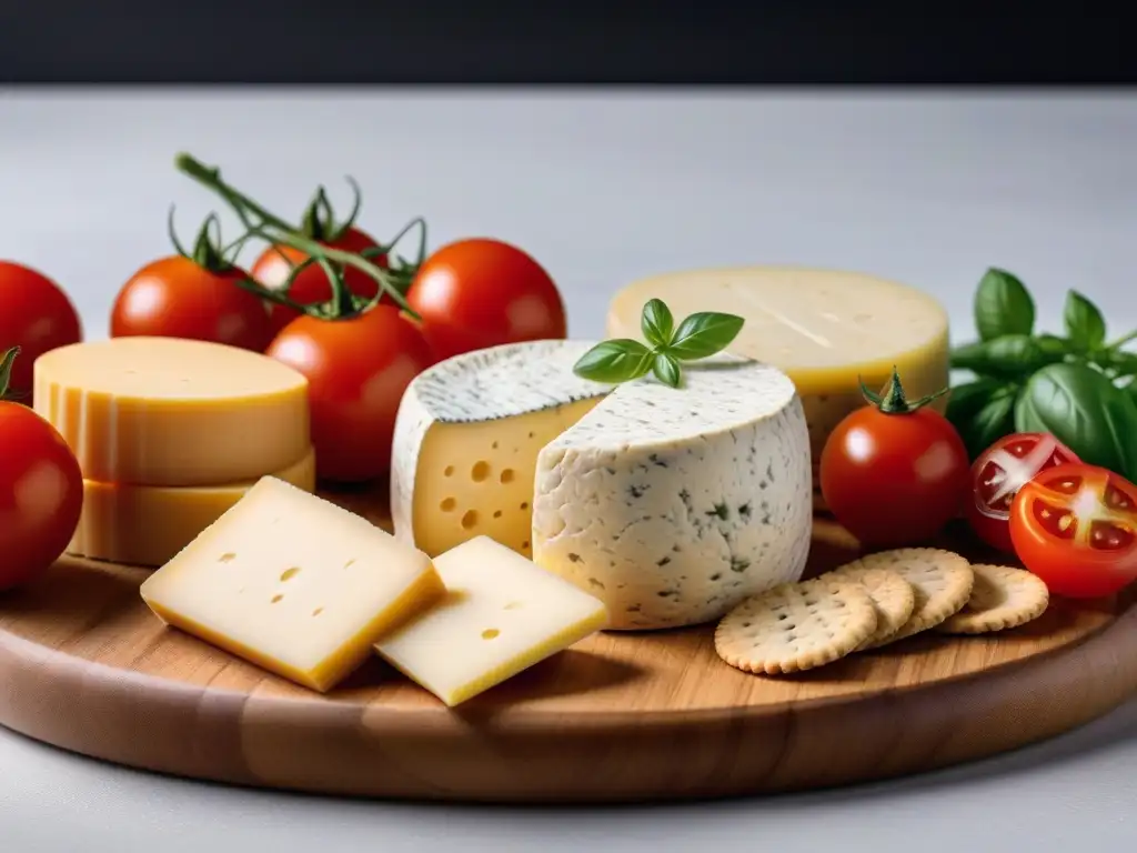 Una exquisita variedad de quesos veganos rallables para gratines, decorados con hierbas frescas y tomates cherry en una tabla de madera