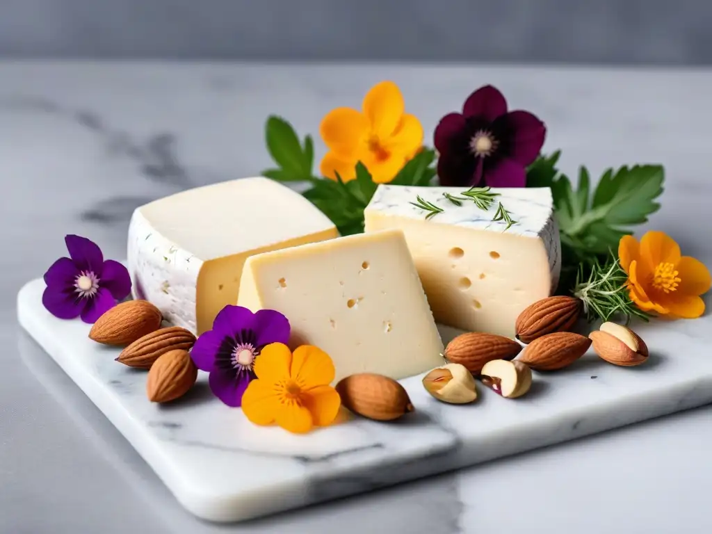 Una exquisita variedad de quesos veganos caseros sobre tabla de mármol, decorados con hierbas frescas y flores comestibles