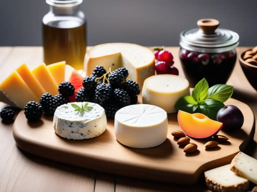 Una exquisita variedad de quesos veganos caseros en tabla de madera, con frutas y hierbas frescas