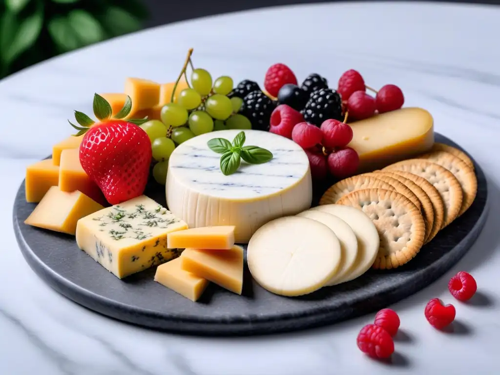 Una exquisita variedad de quesos veganos en tabla de mármol, decorados con hierbas frescas y bayas