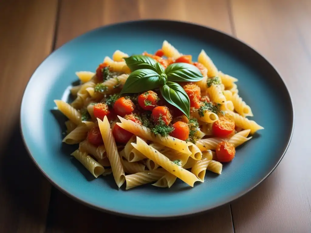 Una exquisita variedad de recetas pasta vegana sabores, colorida y vibrante, presentada con elegancia en un plato moderno