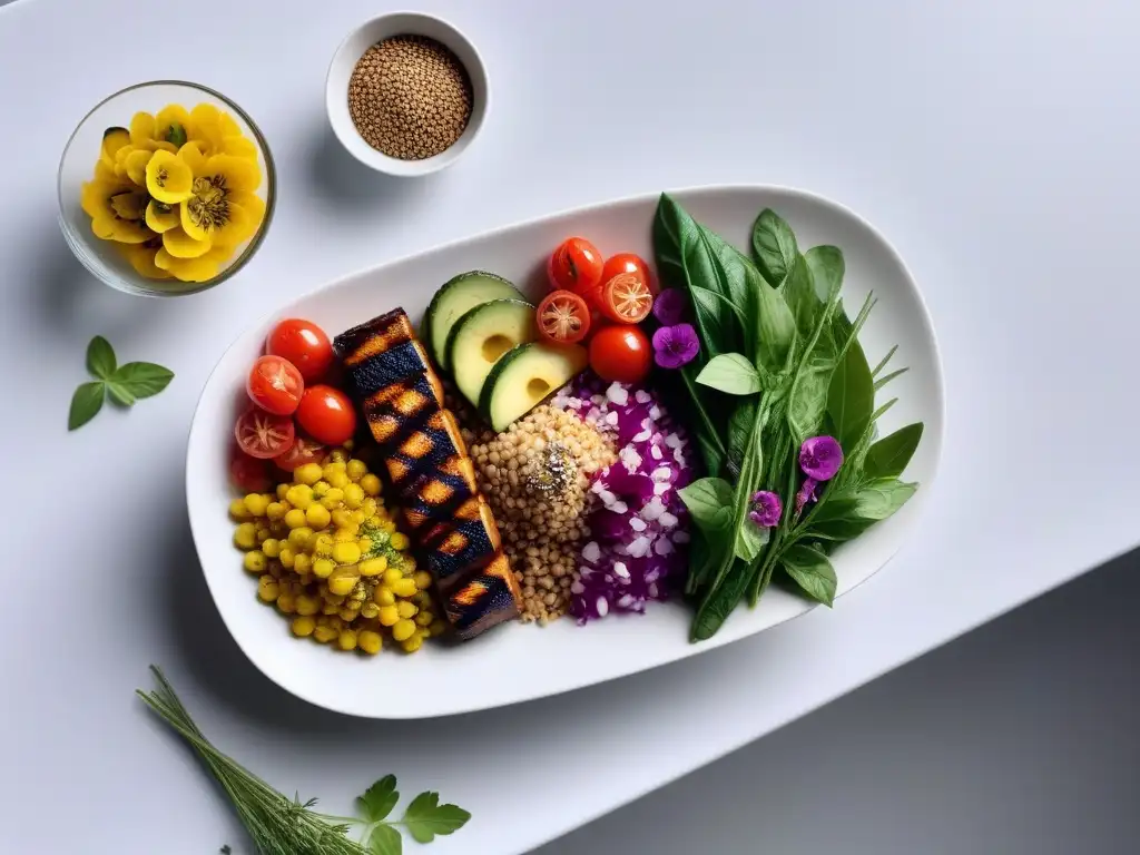 Una exquisita variedad de recetas veganas para cenas rápidas, presentadas de forma colorida y apetitosa en una mesa moderna