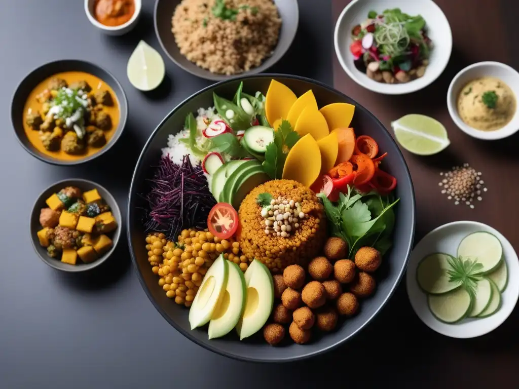 Una exquisita variedad de recetas veganas sin aceite, presentadas con elegancia en una mesa moderna y vibrante