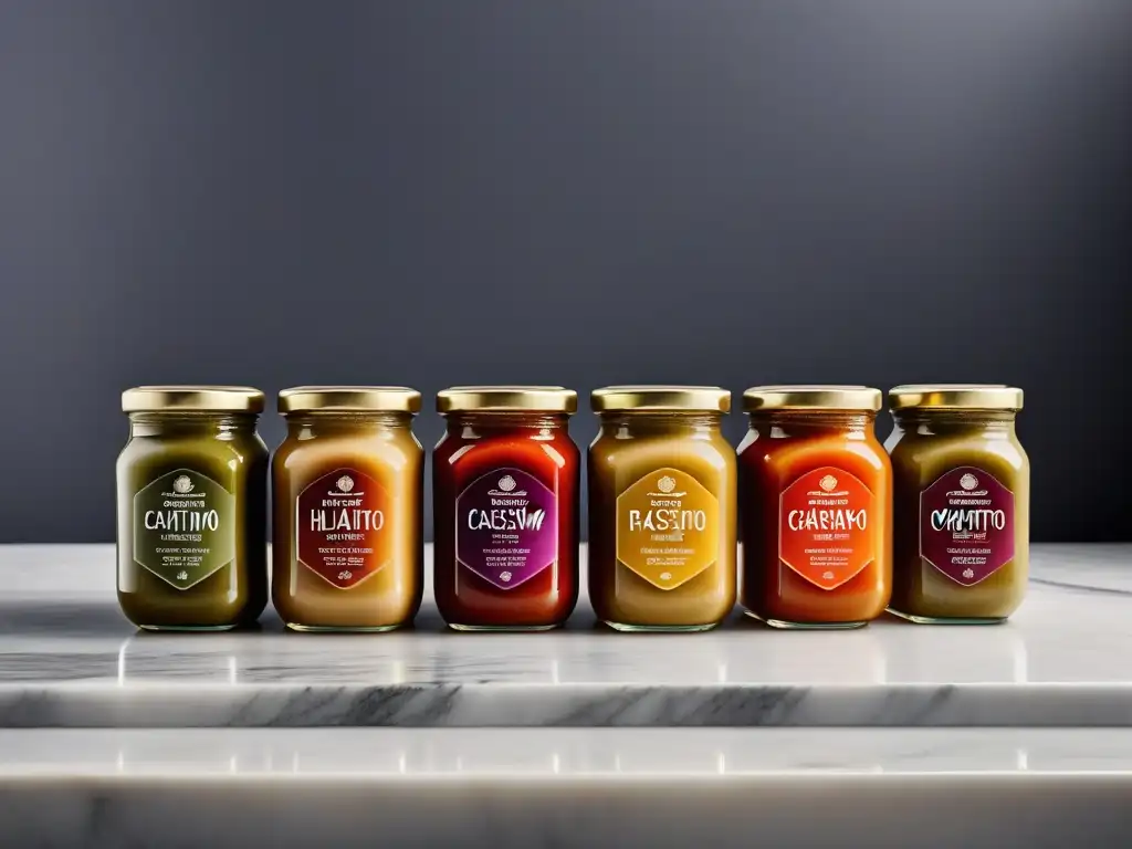 Una exquisita variedad de salsas y cremas veganas en elegantes frascos de vidrio sobre una encimera de mármol