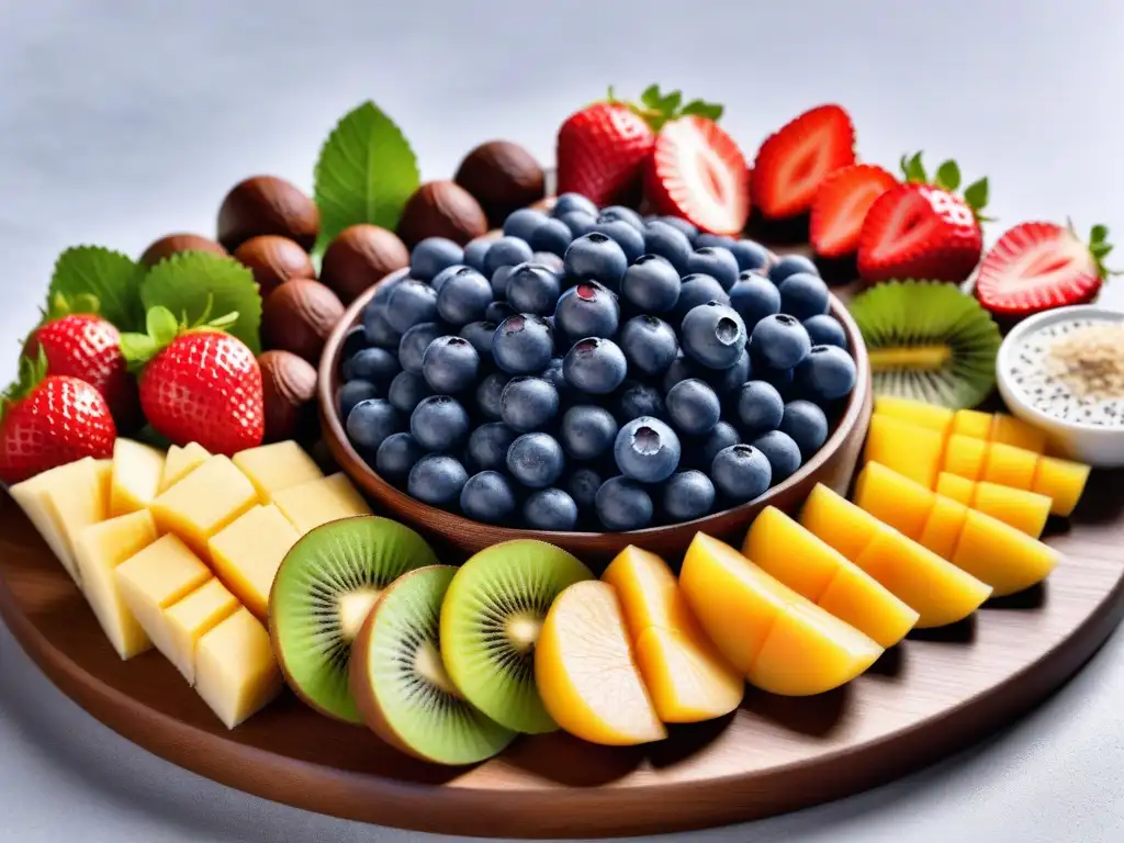 Una exquisita variedad de snacks veganos crudos saludables, coloridos y vibrantes en una elegante bandeja de madera moderna
