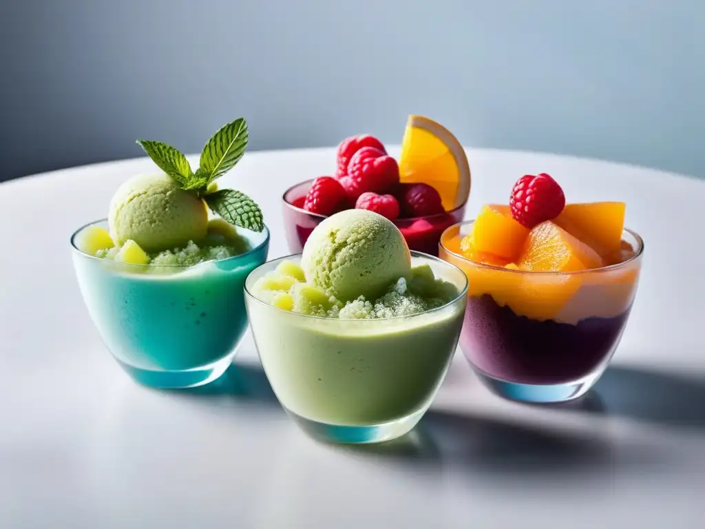 Una exquisita variedad de sorbetes veganos recetas refrescantes, colores vibrantes y presentación elegante con frutas frescas y hojas de menta