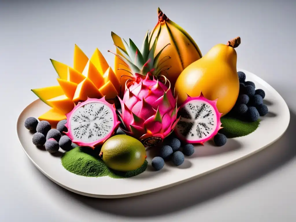 Una exquisita variedad de superalimentos veganos de Oceanía: dragon fruit, mango, kiwano y espirulina en una presentación elegante y vibrante