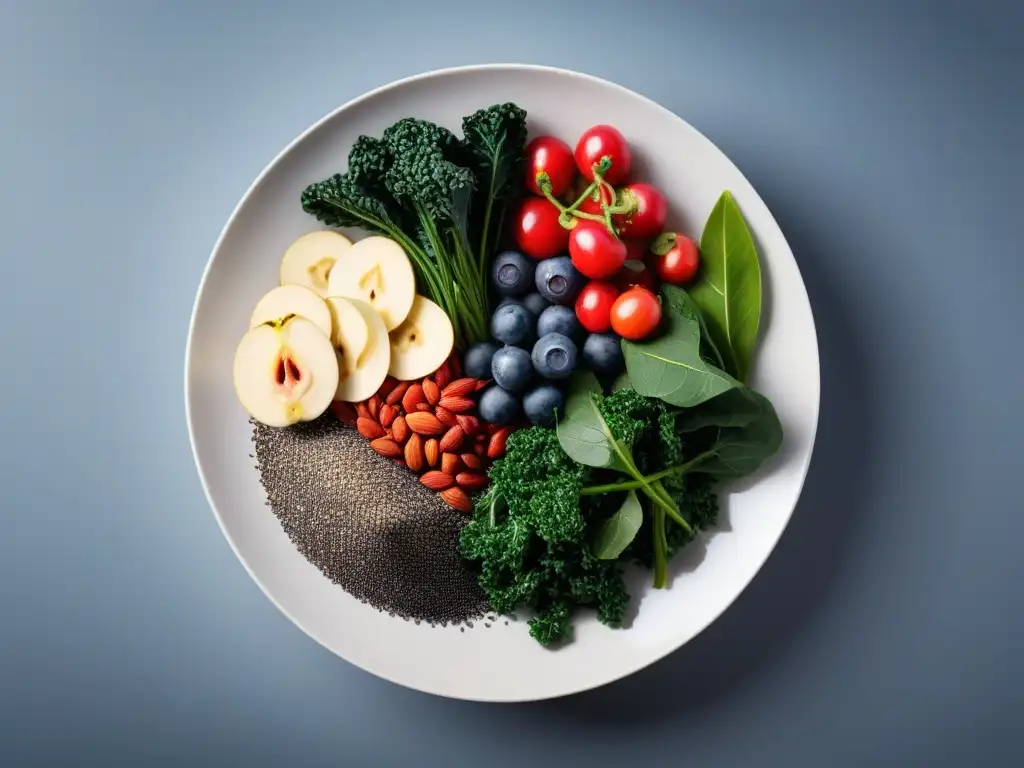 Una exquisita variedad de superalimentos veganos para el sistema inmunológico, despliega frescura y vitalidad en un elegante plato blanco