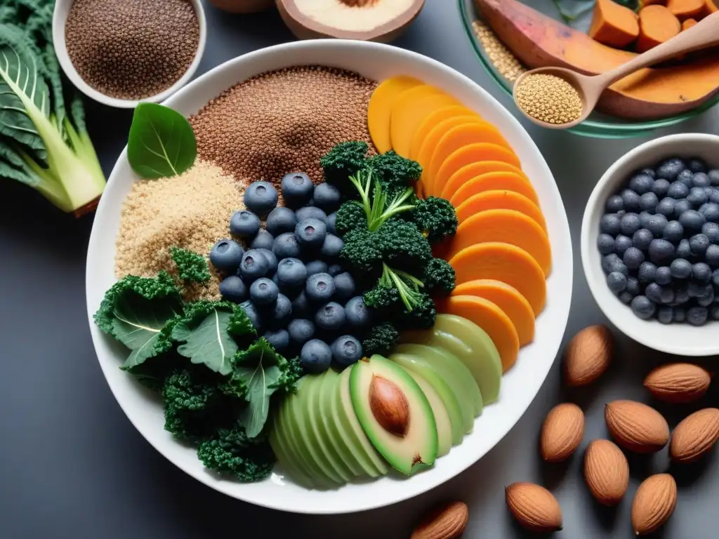 Una exquisita variedad de superfoods veganos, frescos y coloridos, en un plato blanco moderno en un bullicioso mercado agrícola