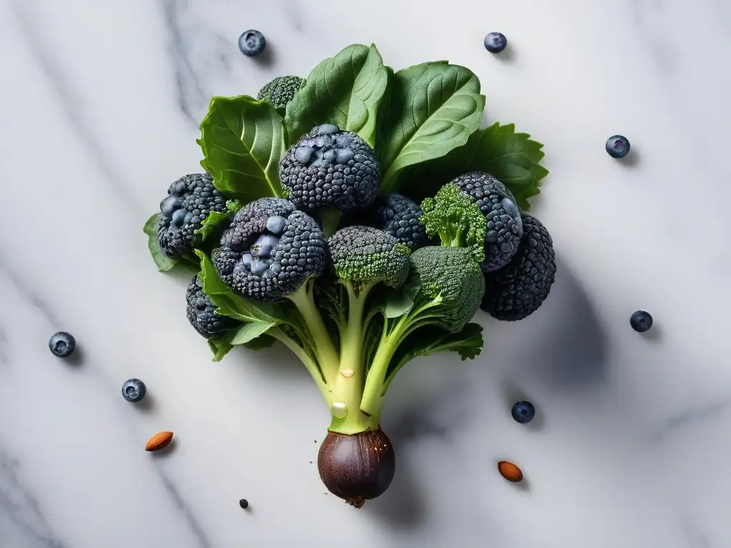 Una exquisita variedad de superfoods veganos, como kale, arándanos, chía, almendras y aguacate, en un patrón moderno sobre mármol blanco brillante